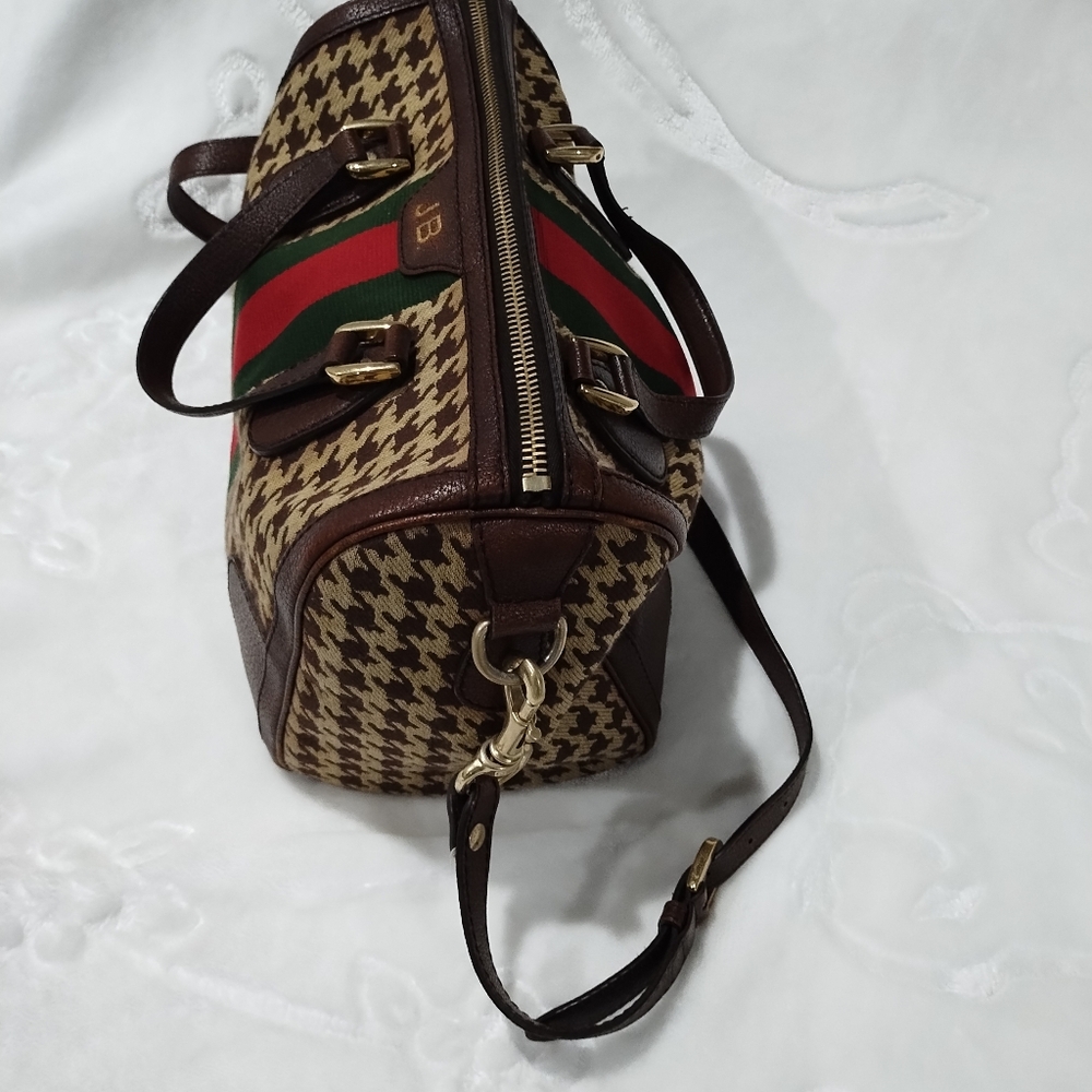 Brown Houndstooth Handbag with Red and Green Stripes